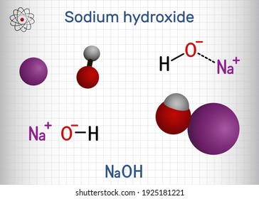 Hidróxido de sodio, sosa cáustica, molécula de lejía. La NaOH es una base muy cáustica y el compuesto iónico alcalino. Fórmula química estructural y modelo molécula. Hoja de papel en una jaula. Ilustración del vector