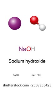 Sodium hydroxide, also known as lye and caustic soda, NaOH, molecule model and chemical formula. Inorganic compound, highly corrosive base and alkali consisting of sodium cations and hydroxide anions.