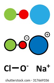 Sodium hypochlorite (NaOCl) molecule. Aqueous solution is known as (liquid) bleach. Stylized 2D renderings and conventional skeletal formula. 