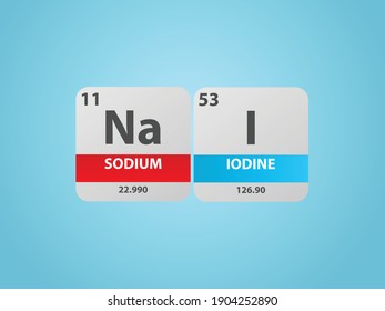 Sodium Iodide NaI molecule. Simple molecular formula consisting of Sodium, Iodine elements. Chemical compound simplified structure on blue background, for chemistry education 