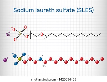 Sodium laureth sulfate (SLES) molecule. It is an anionic surfactant used in cleaning and hygiene products. Structural chemical formula. Sheet of paper in a cage. Vector illustration

