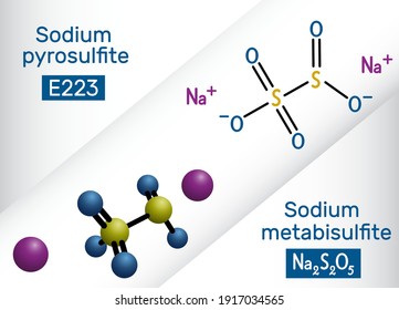 Sodium metabisulfite, sodium pyrosulfite, sodium disulfite molecule. It is disinfectant, antioxidant, preservative, food additive E223. Structural chemical formula, molecule model. Vector illustration