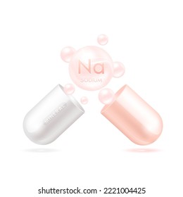 Sodium mineral in capsule pink 3d isolated on white background. Vector EPS10 illustration. Vitamins minerals complex for product design. Medical scientific concepts.