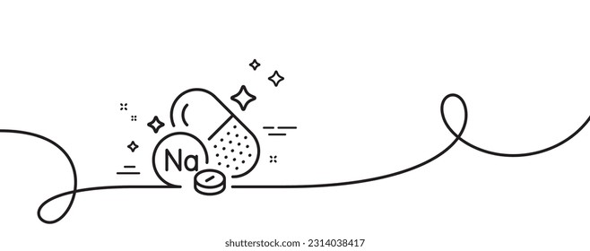 Sodium mineral line icon. Continuous one line with curl. Chemical element Na sign. Capsule or pill symbol. Sodium mineral single outline ribbon. Loop curve pattern. Vector