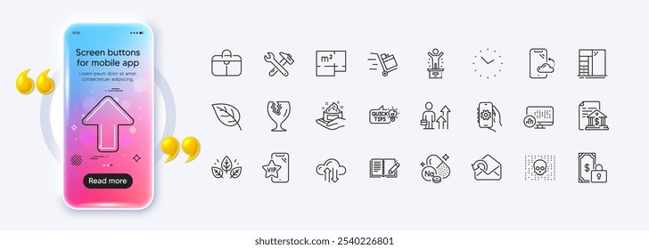 Sodium mineral, Time and Upload line icons for web app. Phone mockup gradient screen. Pack of Business results, Vip phone, Cloud sync pictogram icons. Vector