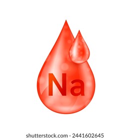 Natriummineralien tröpfchenrot. Lösung Vitamine komplex essenziell. Aqua Tropfen aus der Natur auf weißem Hintergrund für Nahrungsergänzungsmittel Anzeigen. Medizinisches Wissenschaftskonzept. Symbol 3D isolierter Vektor.