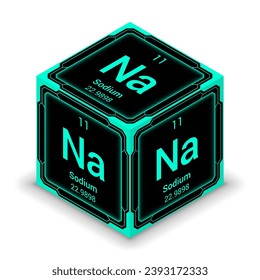 Sodium (Na) (011) - Fundamental Element Futuristic Cybernetic Cube Block Isometric View, Icon Isolated White Background, Periodic Table, Chemical Symbol, Name, Atomic Mass, Atomic Number