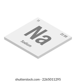 Sodium, Na, gray 3D isometric illustration of periodic table element with name, symbol, atomic number and weight. Alkali metal with various industrial uses, such as in soap, certain types of glass