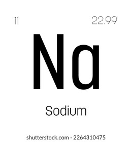 Sodium, Na, periodic table element with name, symbol, atomic number and weight. Alkali metal with various industrial uses, such as in soap, certain types of glass, and as a medication for certain