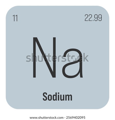 Sodium, Na, periodic table element with name, symbol, atomic number and weight. Alkali metal with various industrial uses, such as in soap, certain types of glass, and as a medication for certain