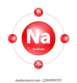 Sodium, Natrium (Na) Icon structure chemical element round shape circle light red with surround ring. 3D Illustration vector. Period number shows of energy levels of electron. Study science education.