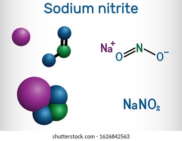 Sodium nitrite, NaNO2 molecule. It is used as a food preservative and antidote to cyanide poisoning. Structural chemical formula and molecule model. Vector illustration