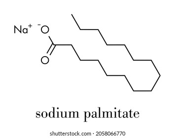 Sodium palmitate soap molecule. Prepared from palm oil by saponification. Skeletal formula.