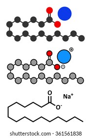 Sodium palmitate soap molecule. Prepared from palm oil by saponification. Stylized 2D renderings and conventional skeletal formula. 