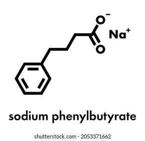 Natriumphenylbutyrat Harnstoffzyklus Störungen Arzneimittelmolekül. Wirkt auch als Histon-Acetylase-Hemmer (HDAc) und chemisches Begleitdokument. Skelettformel.