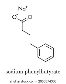 Natriumphenylbutyrat Harnstoffzyklus Störungen Arzneimittelmolekül. Wirkt auch als Histon-Acetylase-Hemmer (HDAc) und chemisches Begleitdokument. Skelettformel.