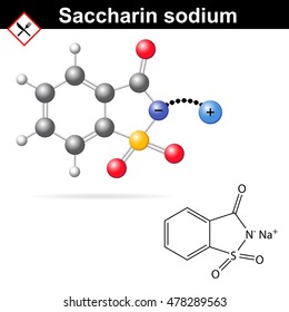 Sodium saccharinate - artificial sweetener, chemical model and molecular structure, E954 food additive, 2d and 3d vector illustration, isolated on white background, eps 8