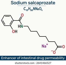 Sodium salcaprozate, SNAC molecule. Absorption enhancer for oral peptide drug delivery. Skeletal formula. Vector illustration