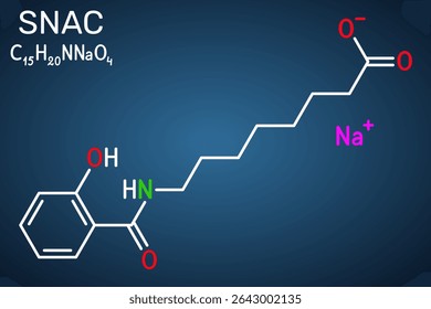 Sodium salcaprozate, SNAC molecule. Absorption enhancer for oral peptide drug delivery. Skeletal formula, dark blue background. Vector 