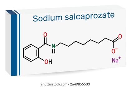 Sodium salcaprozate, SNAC molecule. Absorption enhancer for oral peptide drug delivery. Skeletal formula. Paper packaging for drugs. Vector illustration