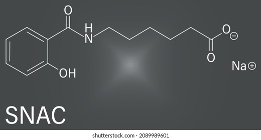 Sodium salcaprozate (SNAC, sodium N-[8-(2-hydroxybenzoyl)amino] caprylate) oral absorption promoter. Used to increase the bioavailability of macromolecules, including heparin. Skeletal formula.