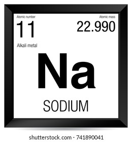 Sodium symbol. Element number 11 of the Periodic Table of the Elements - Chemistry -  Black square frame with white background