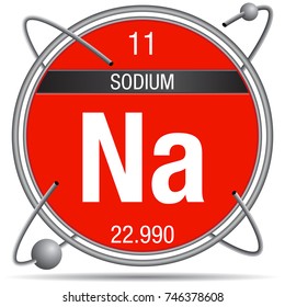 Sodium symbol  inside a metal ring with colored background and spheres orbiting around. Element number 11 of the Periodic Table of the Elements - 