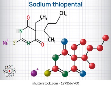 Sodium thiopental drug molecule. It  is a rapid-onset short-acting barbiturate general anesthetic. Structural chemical formula and molecule model. Sheet of paper in a cage. Vector illustration