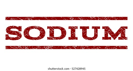 Sodium watermark stamp. Text tag between horizontal parallel lines with grunge design style. Rubber seal dark red stamp with dirty texture. Vector ink imprint on a white background.
