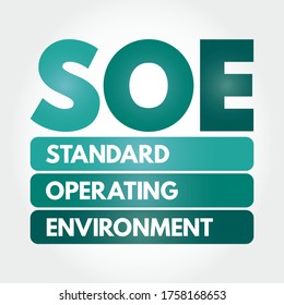 SOE - Standard Operating Environment is a standard implementation of an operating system and its associated software, acronym text concept background