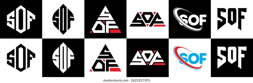 SOF letter logo design in six style. SOF polygon, circle, triangle, hexagon, flat and simple style with black and white color variation letter logo set in one artboard. SOF minimalist and classic logo