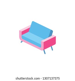 Sofa 3d vector icon isometric pink and blue color minimalism illustrate
