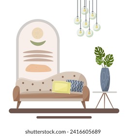 A sofa against the background of a painting. Modern living room design with furniture. Side table with vase and monstera, chandelier. For brochures, leaflets, flyers, furniture stores. Flat vector