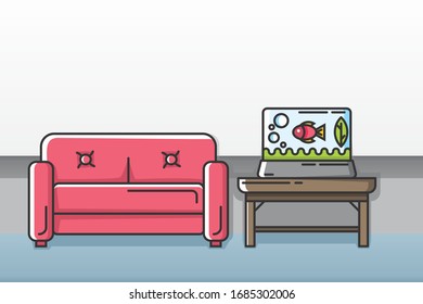 Sofá y acuario con peces sobre la mesa, diseño de línea de dibujos planos vectorial