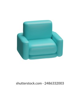 Sofa, armchair 3d plastic style icon. Realistic turquoise leather couch. Vector render illustration isolated on white background. Volumetric lounge furniture, interior design element