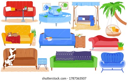 Sofa armchair bench, furniture of modern room interior vector illustration flat set. Cartoon house furnishing collection for living room home apartment, office cafe or hotel design isolated on white