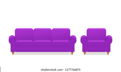 Sofa, armchair, couch icon. Vector. Furniture in flat design. Animated violet house equipment for living room isolated on white background. Cartoon set elements for lounge.