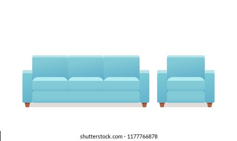 Sofa, armchair, couch icon. Vector. Furniture in flat design. blue house equipment for living room isolated on white background. Cartoon set elements for lounge.