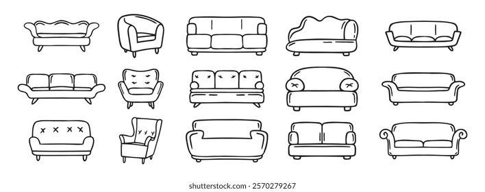 sofa and armchair doodle hand drawn icon set. luxury couch for apartment, comfort sofa models. Outline drawing sofa and armchair line clipart symbol collection. Vector illustration