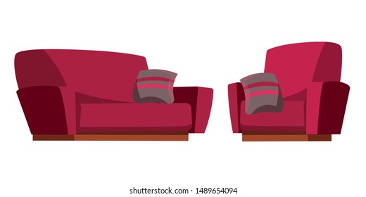 Sofa and armchair flat vector illustration. Red couch with striped decorative cushion isolated on white background. Marsala color furniture pieces. Vintage interior objects with elegant pillows