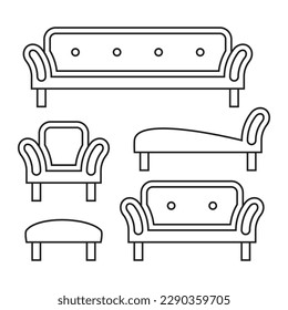 Sofa and armchair icon set, black line isolated on white background, vector illustration.
