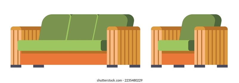 Sofa and armchair, isolated furniture set for outside, patio or garden for relaxing. Wooden corpus with soft pillows on seat and back. Comfortable outdoors exterior design. Vector in flat style