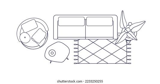 Sofá y sillón en el diseño interior de la sala de estar, vista superior. Mobiliario en la parte superior, mesa baja, sofá con cojines de arriba. Ilustración de vector plano con contorno esquemático aislada en fondo blanco