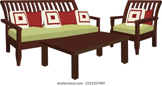  sofa and armchair with soft pillows and a coffee table isolated on white background