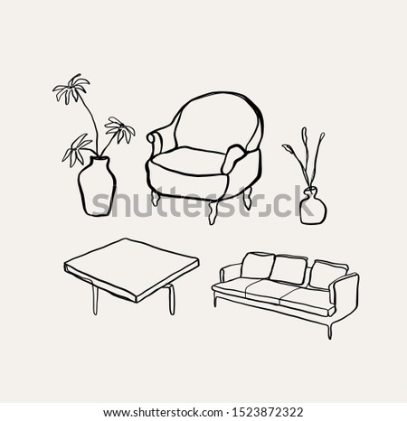 sofa, armchair, table, vase with flowers  drawn by one continuous line. 