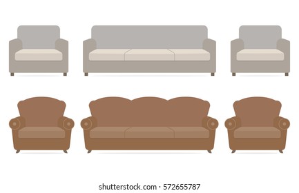 Sofa and armchairs isolated on white background. Furniture icon. Vector illustration.