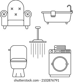Sofa, Bathtub, shower, closet and washing machine icon with outline style