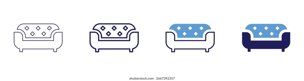 Icono de sofá cama en 4 estilos diferentes. Línea delgada, línea, línea en negrita, duotono. Estilo duotono. Trazo editable.