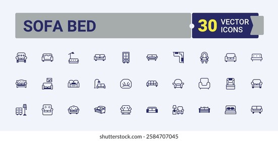 Sofa Bed icon set. Featuring apartment, indoor, lounge, interior, table, book, floor and more. Collection for mobile and web apps. Outline and solid pictogram.