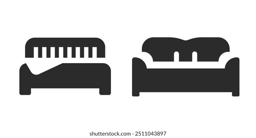 Sofa and bed icon vector simple pictogram graphic illustration set, couch or bedroom glyph minimal sign symbol black white image clip art set